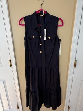 Elie Tahari Navy Sleeveless Tiered Shirt Dress with Gold Buttons
